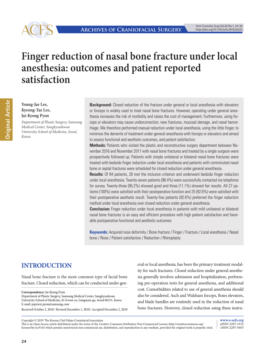 Pdf Finger Reduction Of Nasal Bone Fracture Under Local Anesthesia Outcomes And Patient Reported Satisfaction