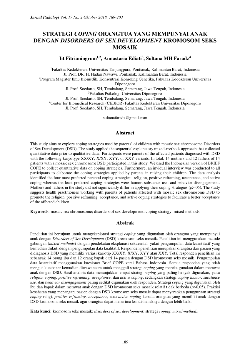 PDF) STRATEGI COPING ORANGTUA YANG MEMPUNYAI ANAK DENGAN DISORDERS OF SEX  DEVELOPMENT KROMOSOM SEKS MOSAIK