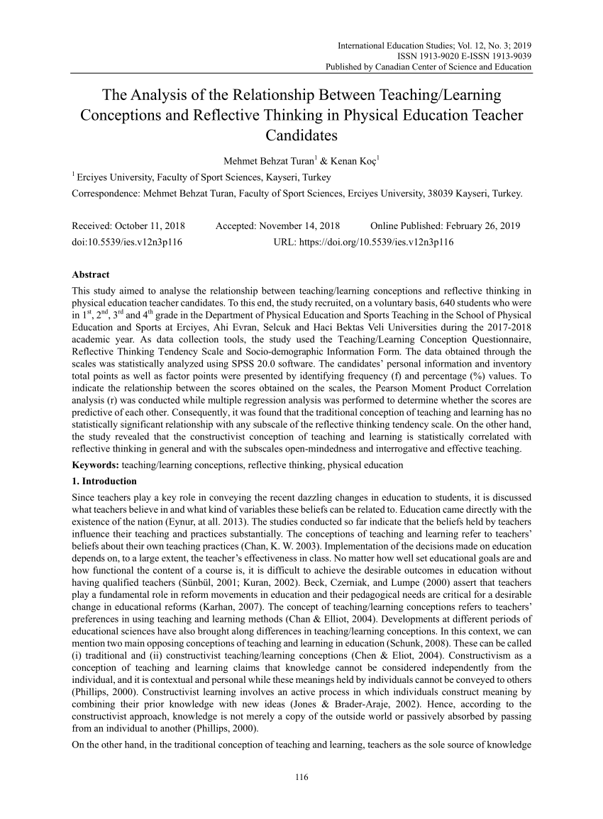 pdf the analysis of the relationship between teaching learning conceptions and reflective thinking in physical education teacher candidates