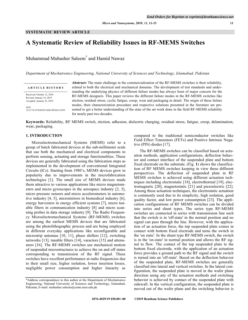 Pdf A Systematic Review Of Reliability Issues In Rf Mems Switches