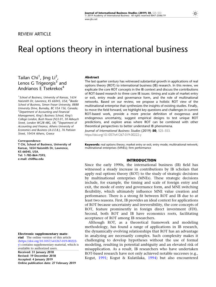 Pdf Real Options Theory In International Business