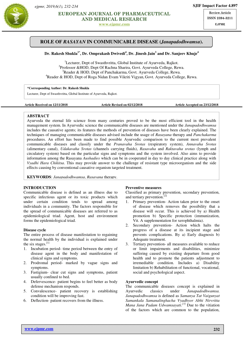 (PDF) ROLE OF RASAYAN IN COMMUNICABLE DISEASE (Janapadodhwamsa)