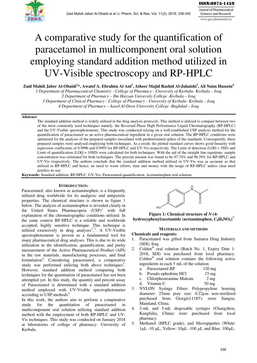 Solved A paracetamol tablet was analysed by HPLC in order to