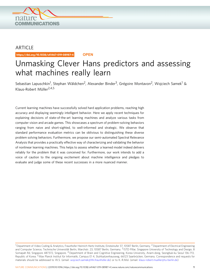Pinpoint Kilde at straffe PDF) Unmasking Clever Hans Predictors and Assessing What Machines Really  Learn