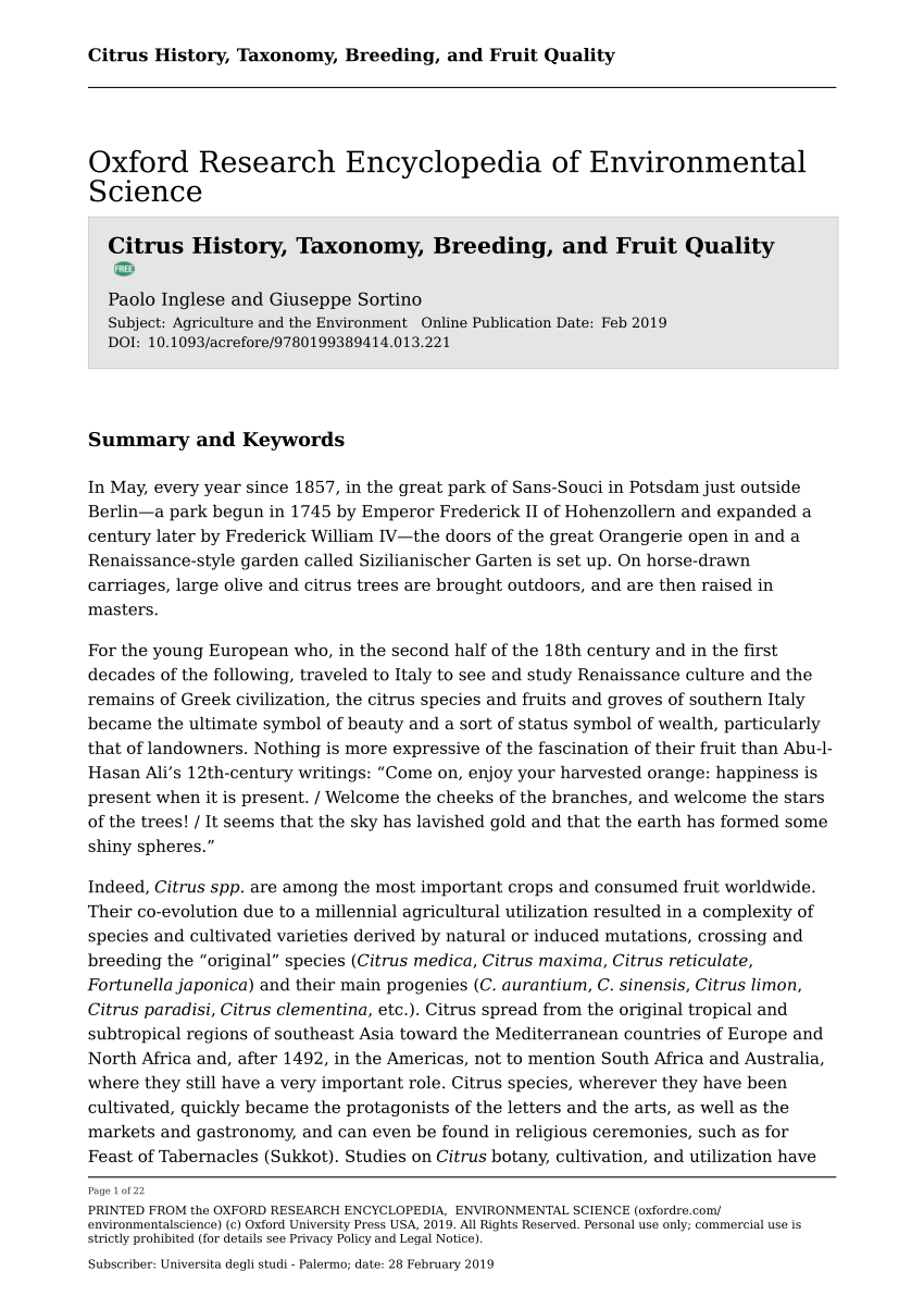 Pdf Citrus History Taxonomy Breeding And Fruit Quality Citrus