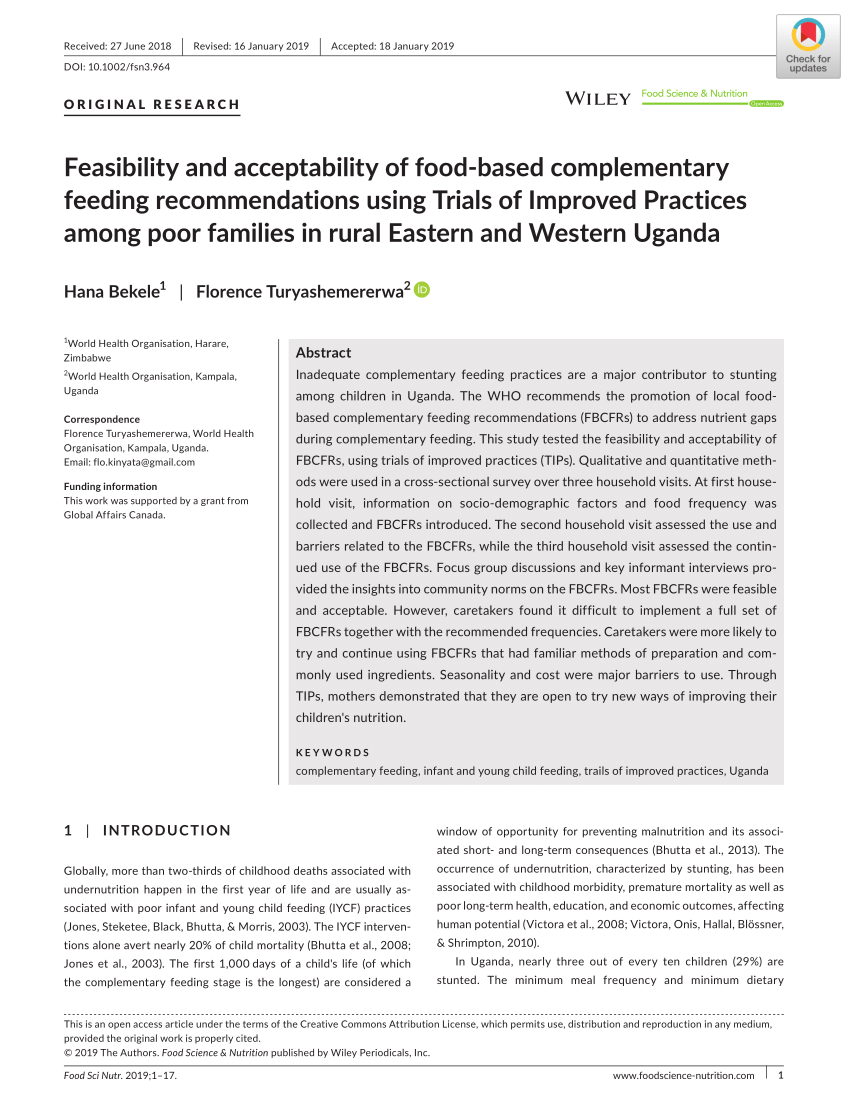 PDF) Feasibility and acceptability of food-based complementary feeding recommendations using Trials of Improved Practices among poor families in rural Eastern and Western Uganda