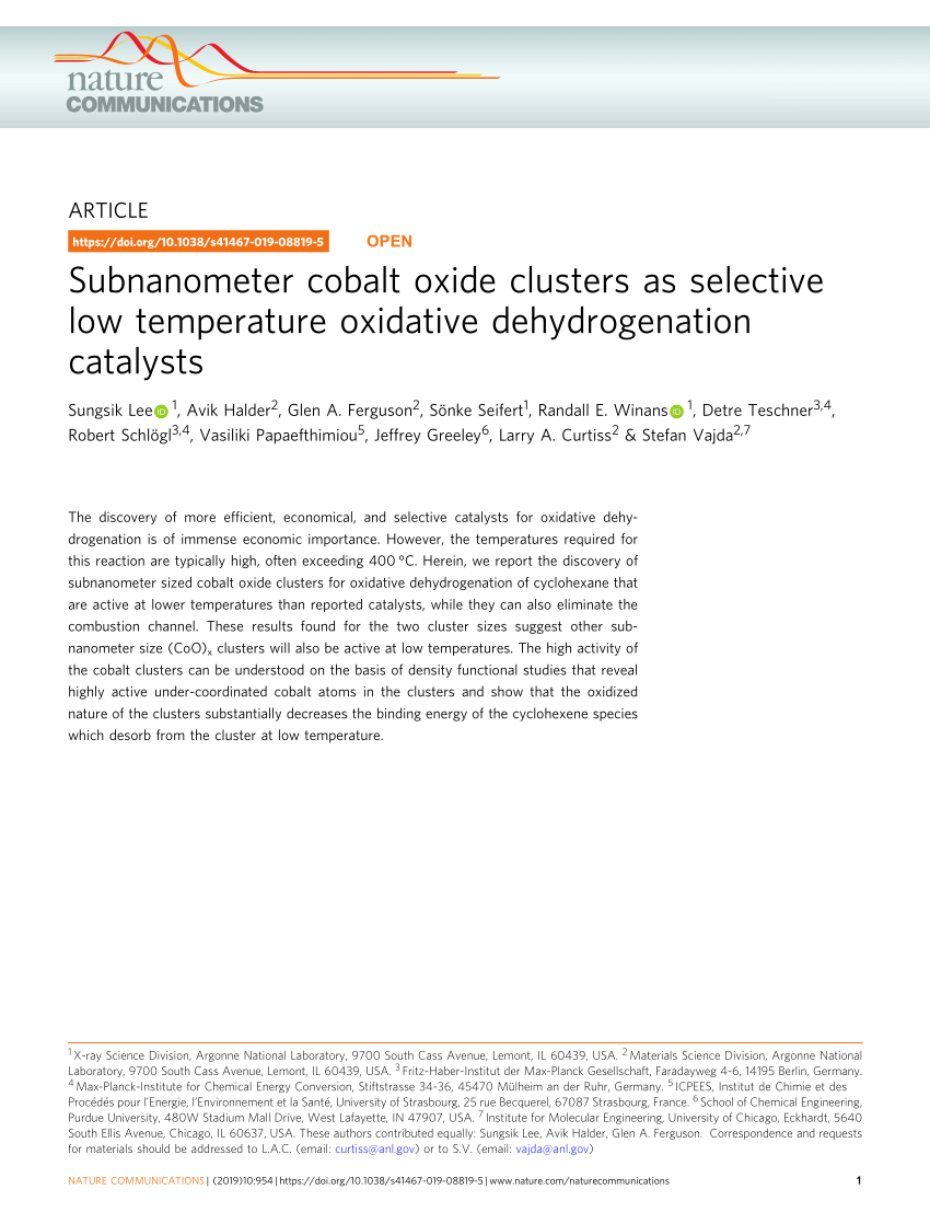 Pdf Subnanometer Cobalt Oxide Clusters As Selective Low