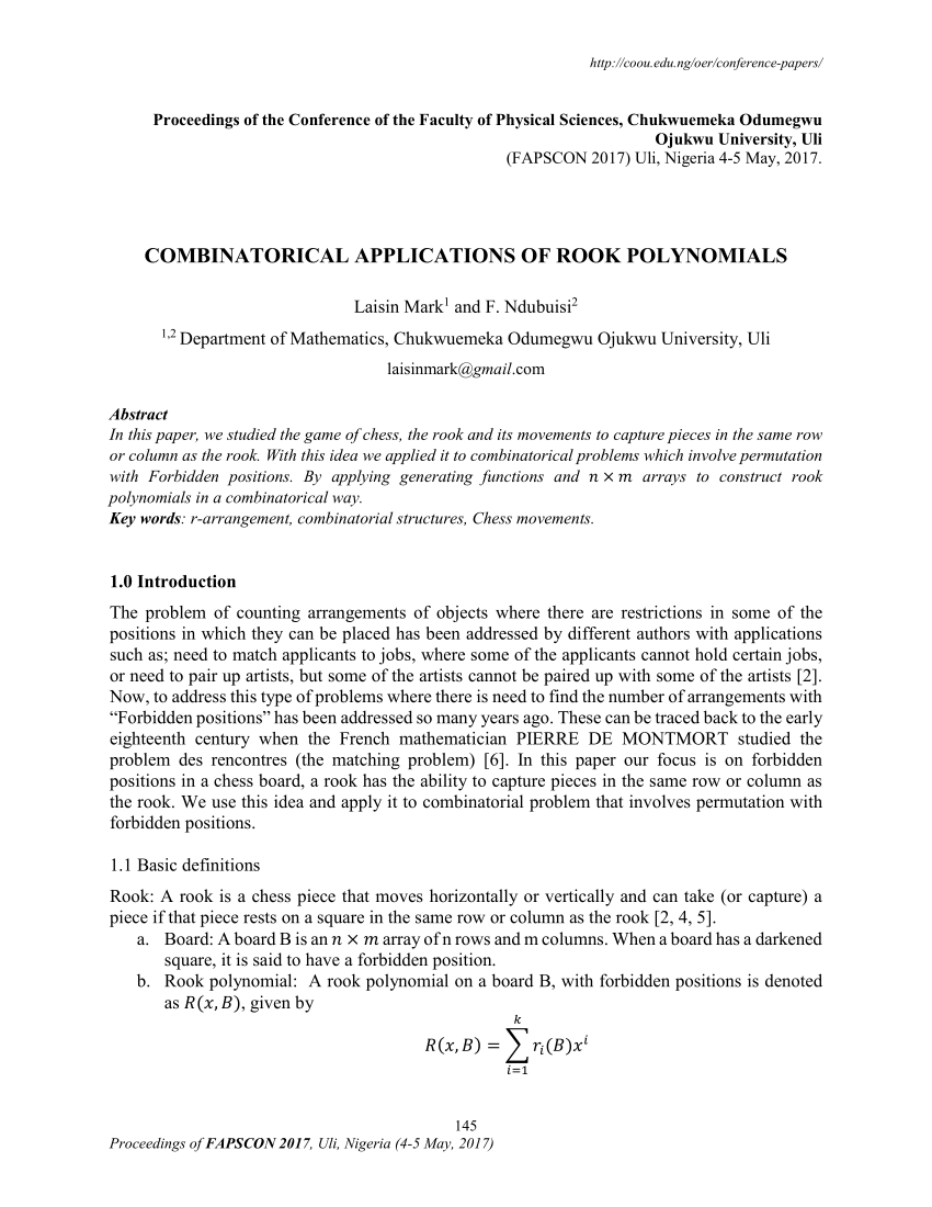 PDF) Construction of Rook Polynomials Using Generating Functions and mxn  Arrays
