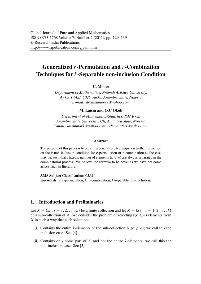 Pdf Generalized R Permutation And R Combination Techniques For K Separable Non Inclusion Condition