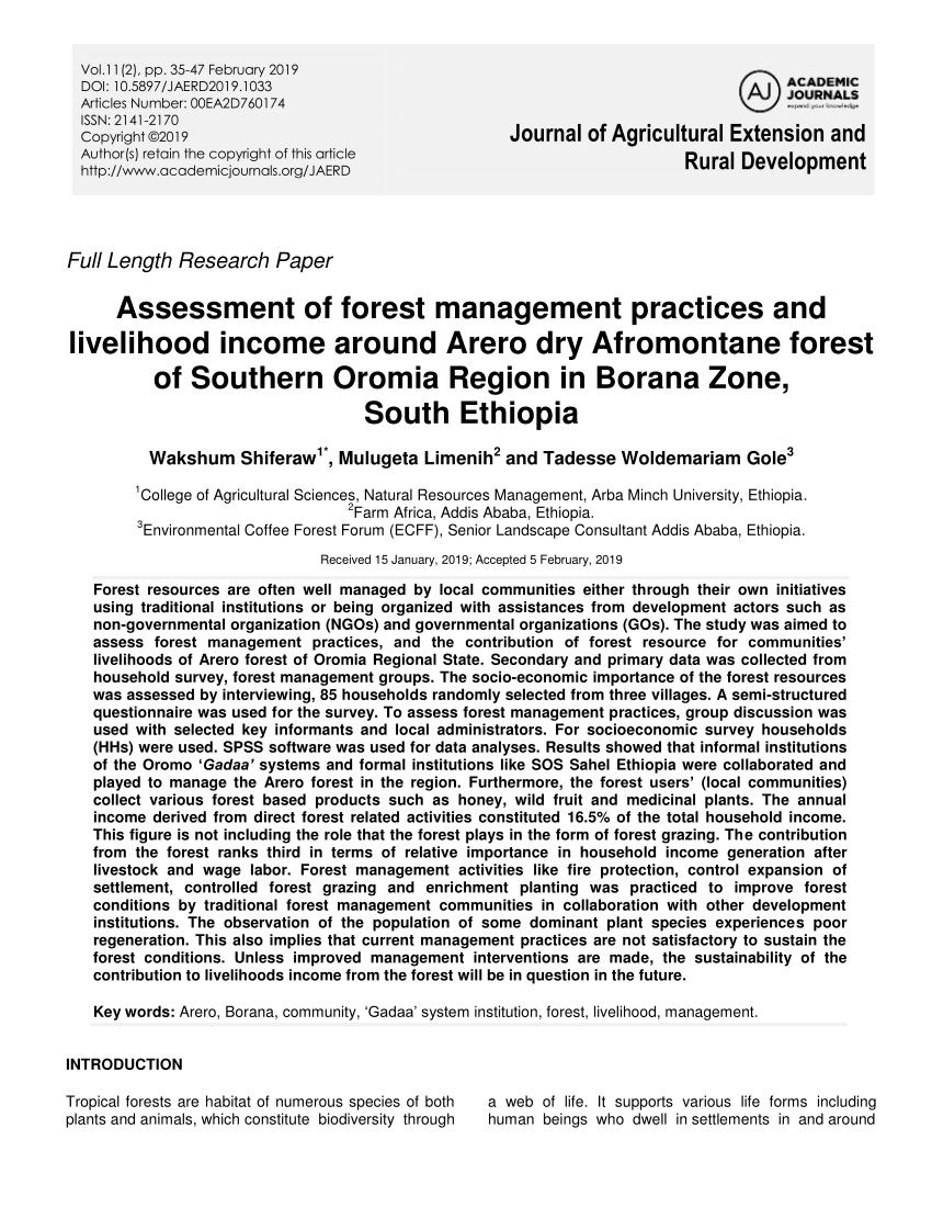 Pdf Assessment Of Forest Management Practices And Livelihood Income Around Arero Dry Afromontane Forest Of Southern Oromia Region In Borana Zone South Ethiopia