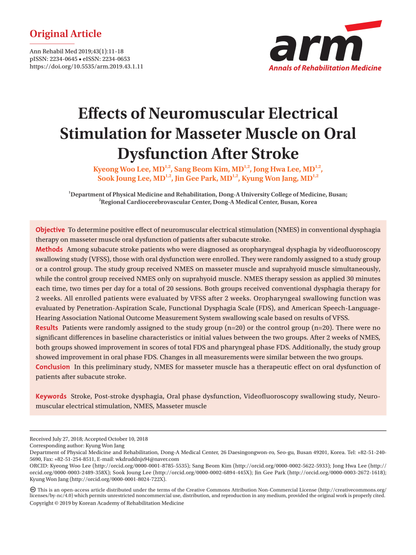 Pdf Effects Of Neuromuscular Electrical Stimulation For Masseter Muscle On Oral Dysfunction After Stroke