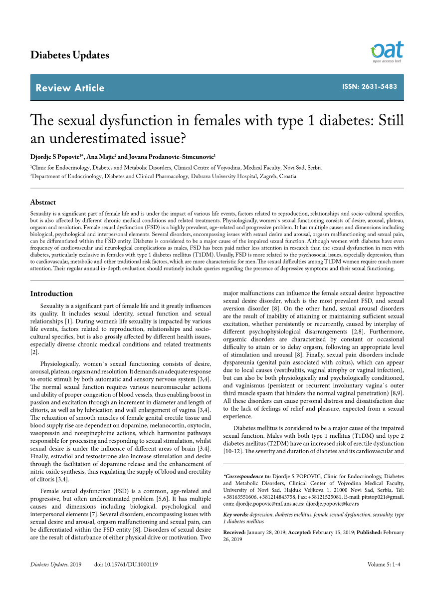 Pdf The Sexual Dysfunction In Females With Type 1 Diabetes Still An Underestimated Issue