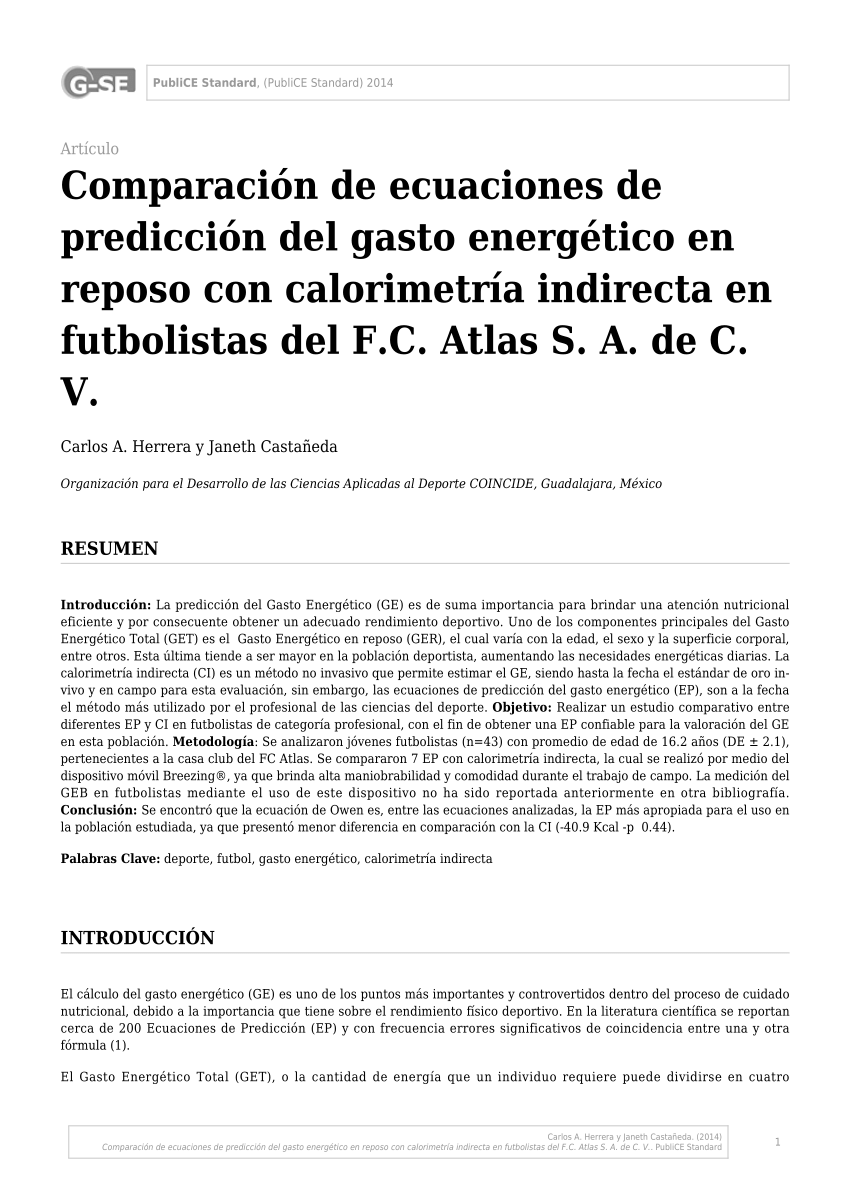 estropeado Oferta de trabajo Entrelazamiento PDF) Comparación de ecuaciones de predicción del gasto energético en reposo  con calorimetría indirecta en futbolistas del F.C. Atlas S. A. de C. V.