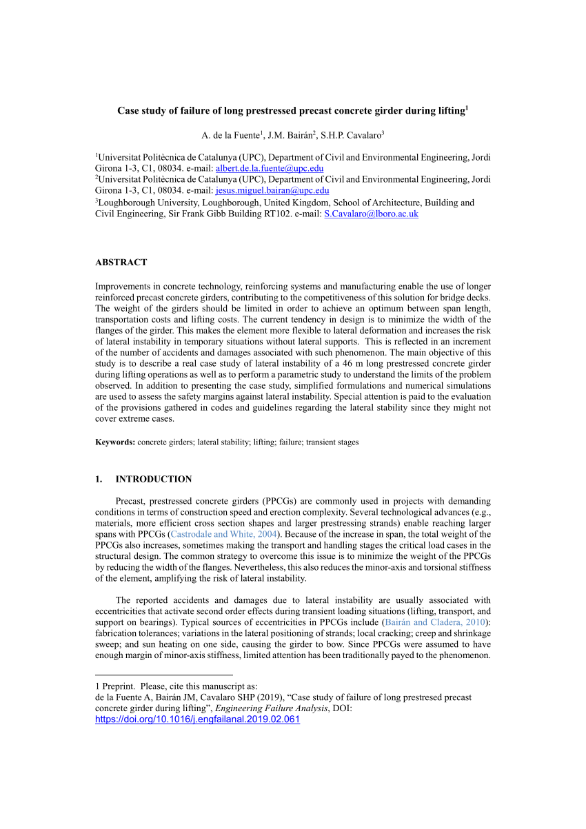 Pdf Case Study Of Failure Of Long Prestressed Precast Concrete Girder During Lifting