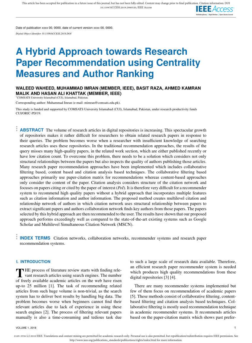 Pdf A Hybrid Approach Toward Research Paper Recommendation Using Centrality Measures And 1551