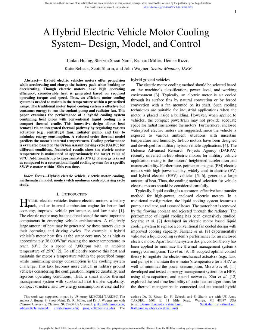 Pdf A Hybrid Electric Vehicle Motor Cooling System Design Model And Control