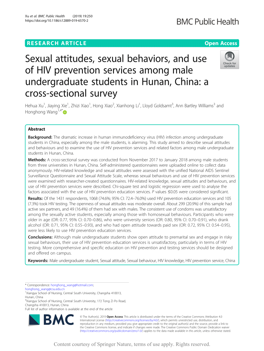 PDF) Sexual attitudes, sexual behaviors, and use of HIV prevention services among male undergraduate students in Hunan, China A cross-sectional survey