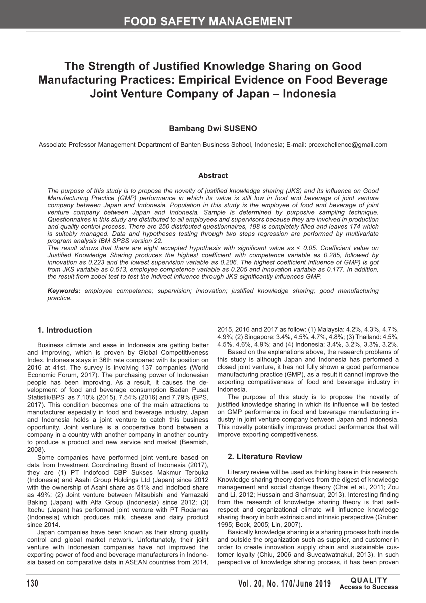 PDF) The Strength of Justified Knowledge Sharing on Good Manufacturing  Practices: Empirical Evidence on Food Beverage Joint Venture Company of  Japan – Indonesia