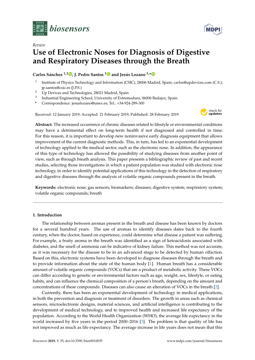 Pdf Use Of Electronic Noses For Diagnosis Of Digestive And Respiratory Diseases Through The Breath 