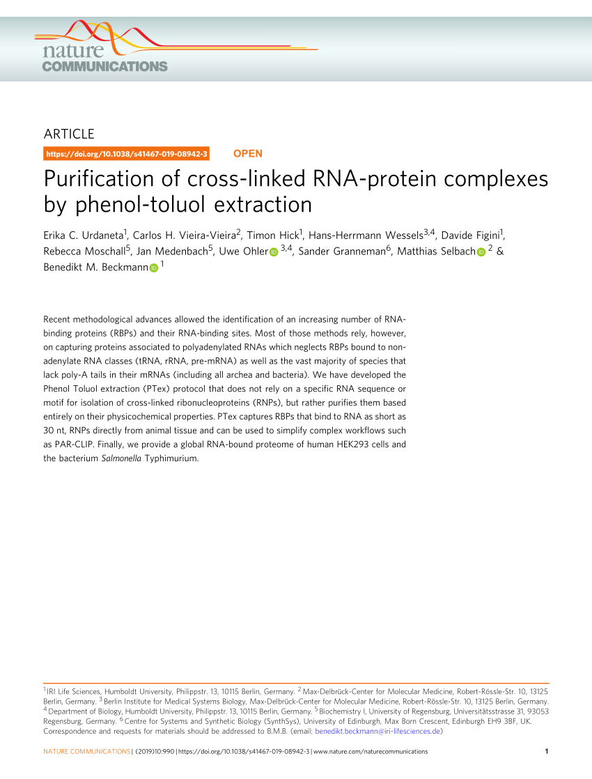 PDF) Purification of cross-linked RNA-protein complexes by phenol-toluol  extraction