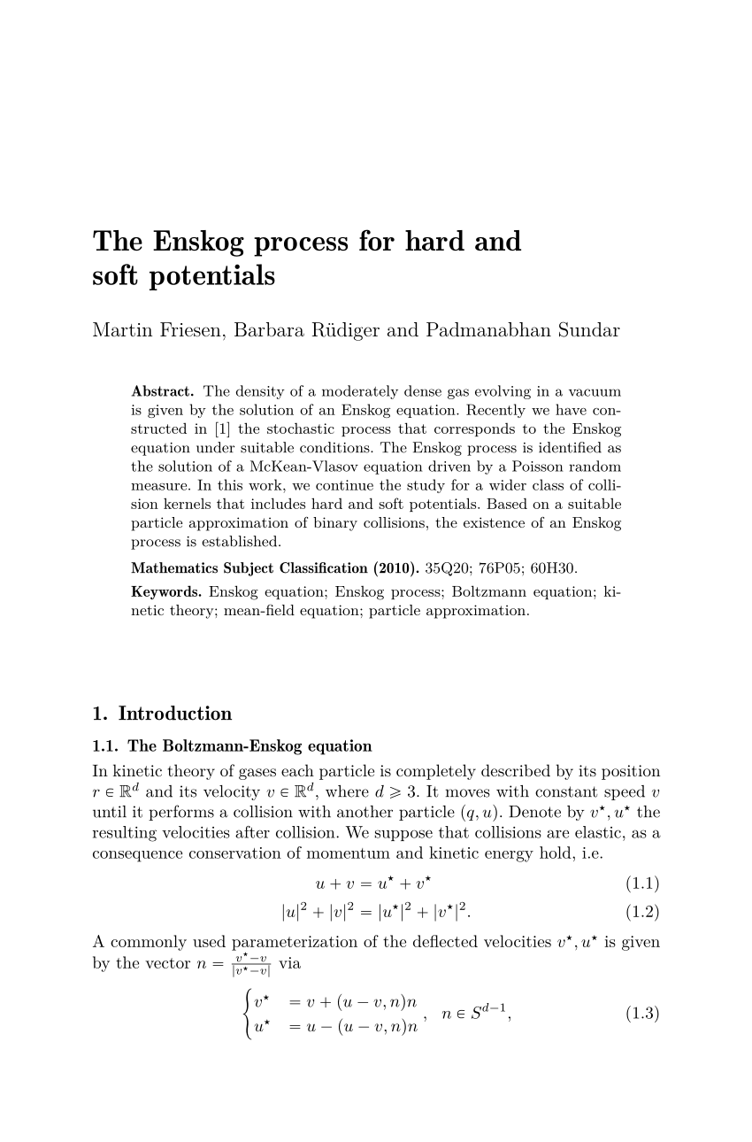 Pdf The Enskog Process For Hard And Soft Potentials