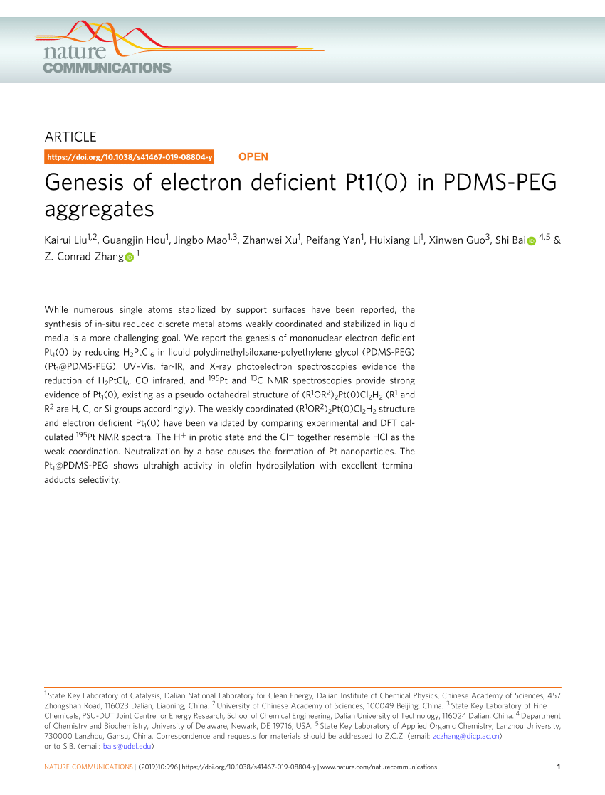 Pdf Genesis Of Electron Deficient Pt1 0 In Pdms Peg Aggregates