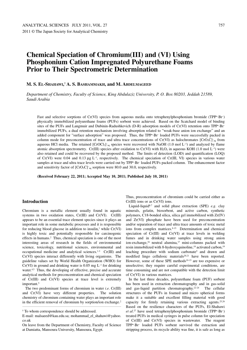 (PDF) Chemical Speciation of Chromium(III) and (VI) Using Phosphonium