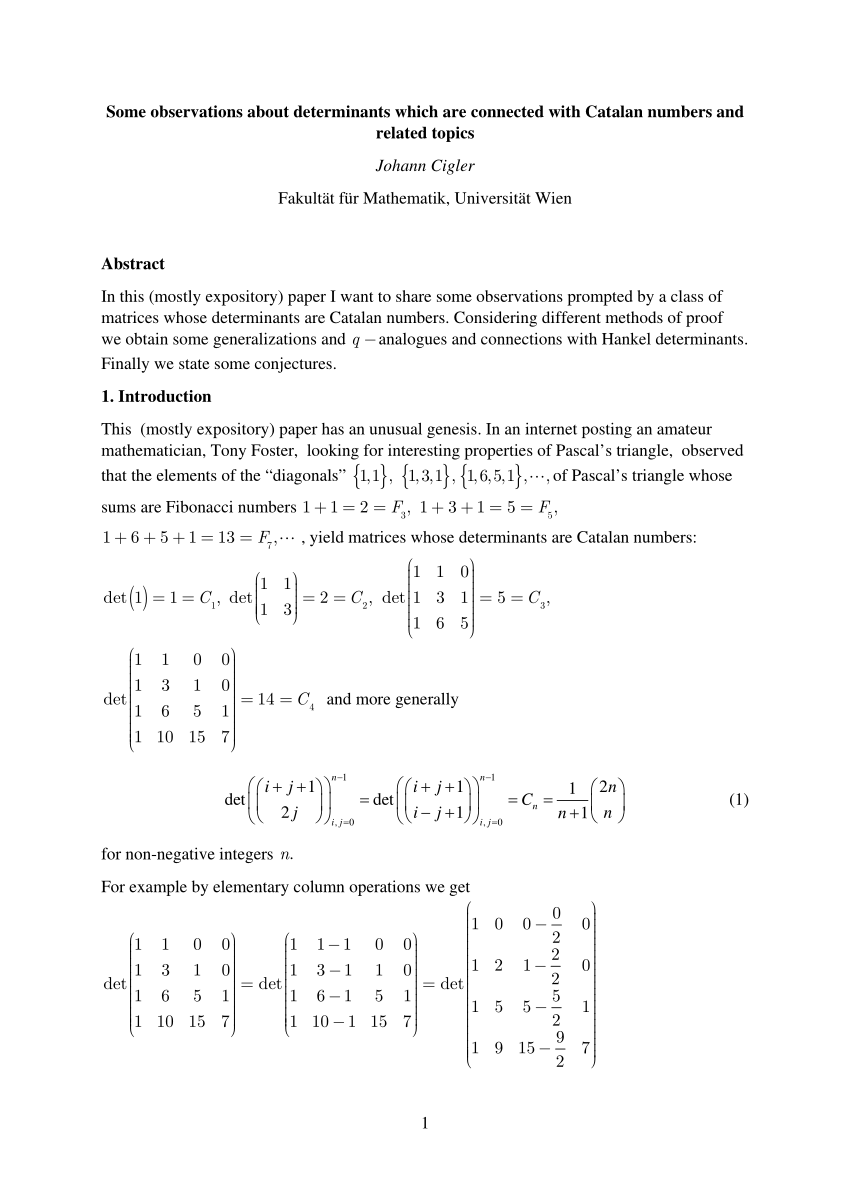 Pdf Some Observations About Determinants Which Are Connected With Catalan Numbers And Related Topics