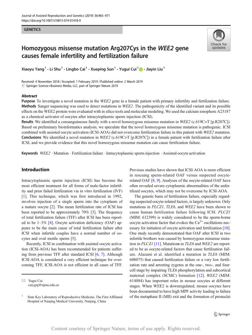 Homozygous Missense Mutation Arg207cys In The Wee2 Gene Causes Female Infertility And 