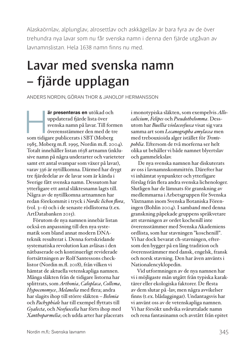 Pdf Lavar Med Svenska Lavnamn Fjarde Upplagan