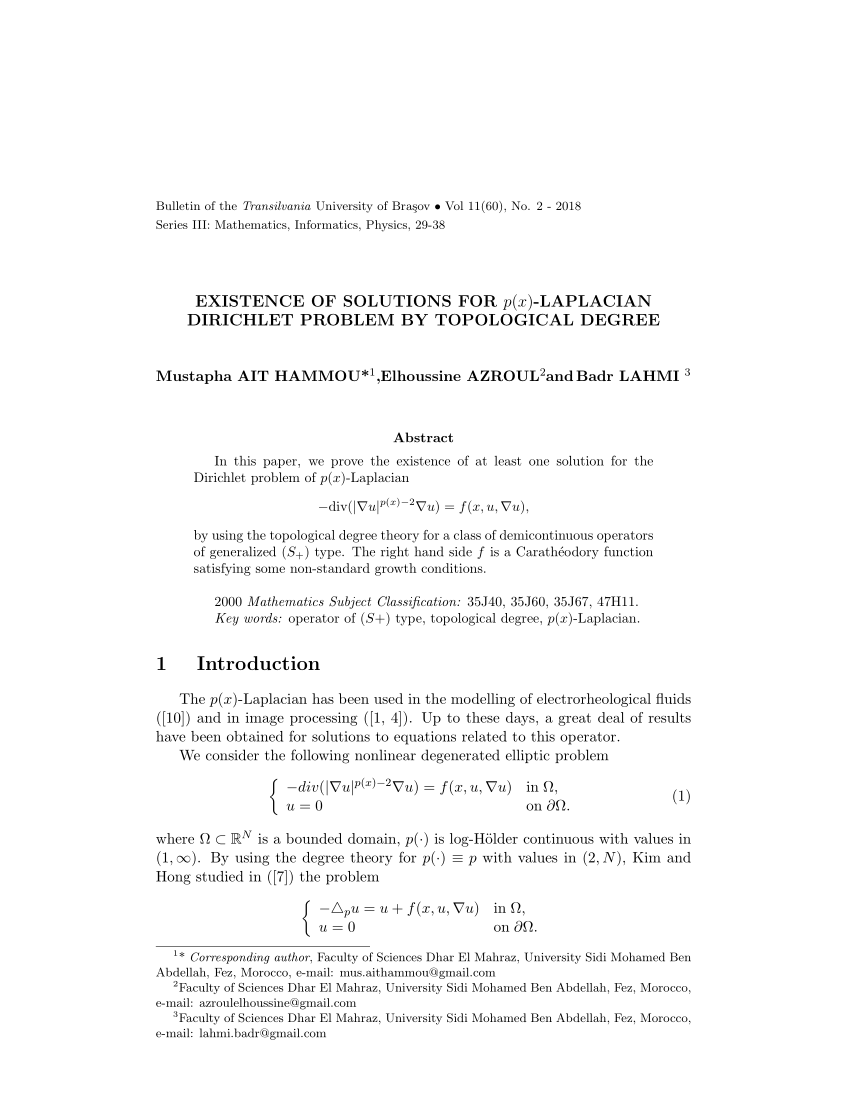 Pdf Existence Of Solutions For P X Laplacian Dirichlet Problem By Topological Degree