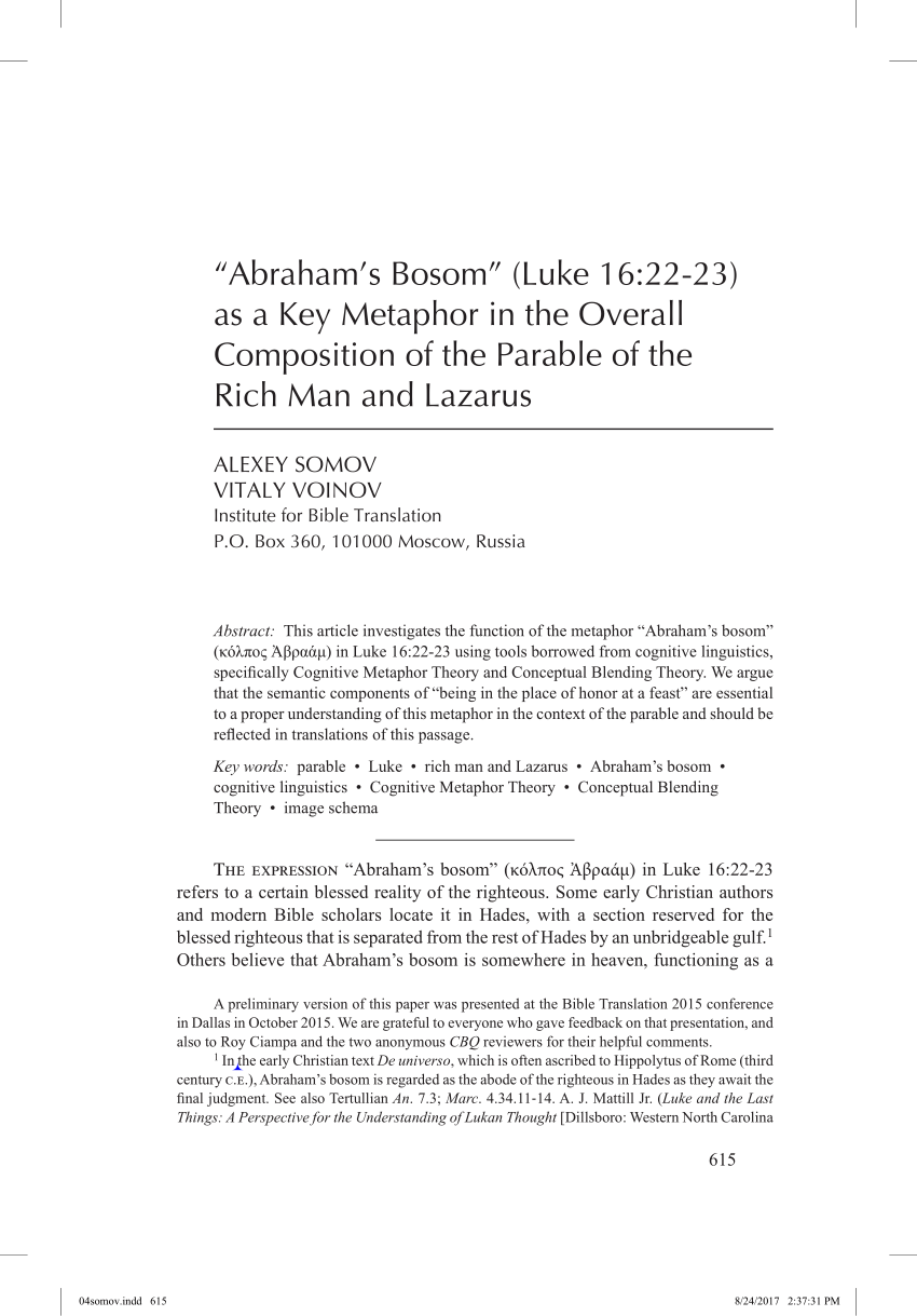 Pdf Abraham S Bosom Luke 16 22 23 As A Key Metaphor In The Overall Composition Of The Parable Of The Rich Man And Lazarus