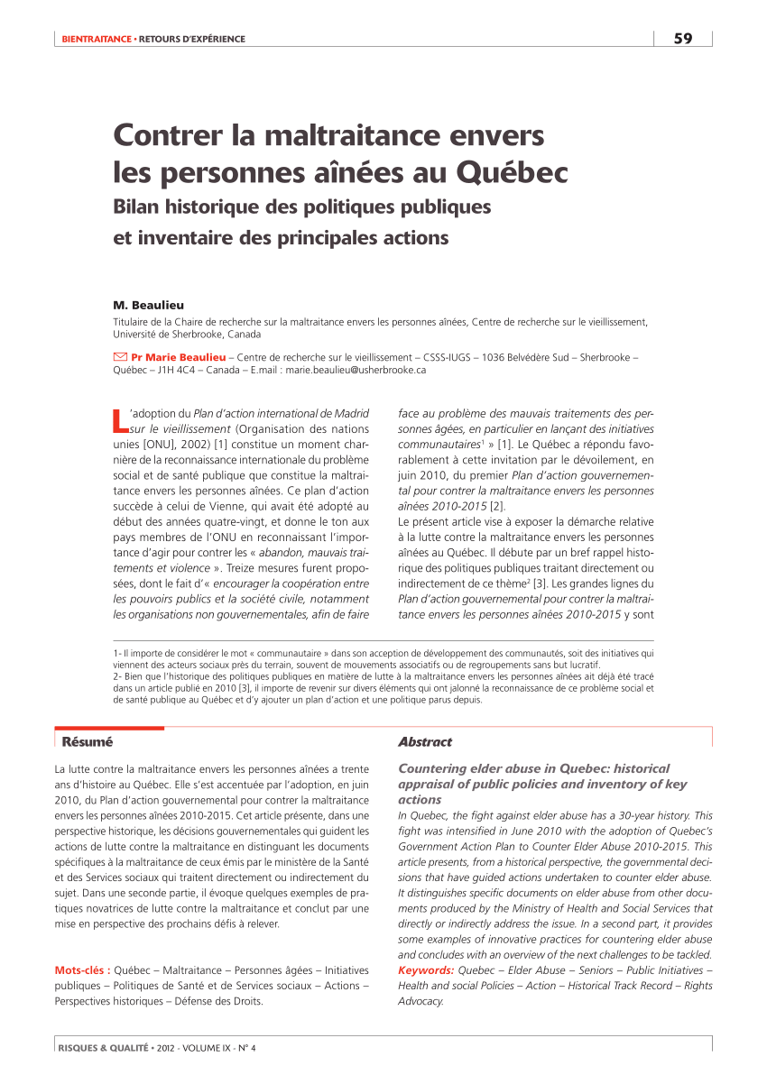 Pdf Contrer La Maltraitance Envers Les Personnes Ainees Au Quebec Bilan Historique Des Politiques Publiques Et Inventaire Des Principales Actions