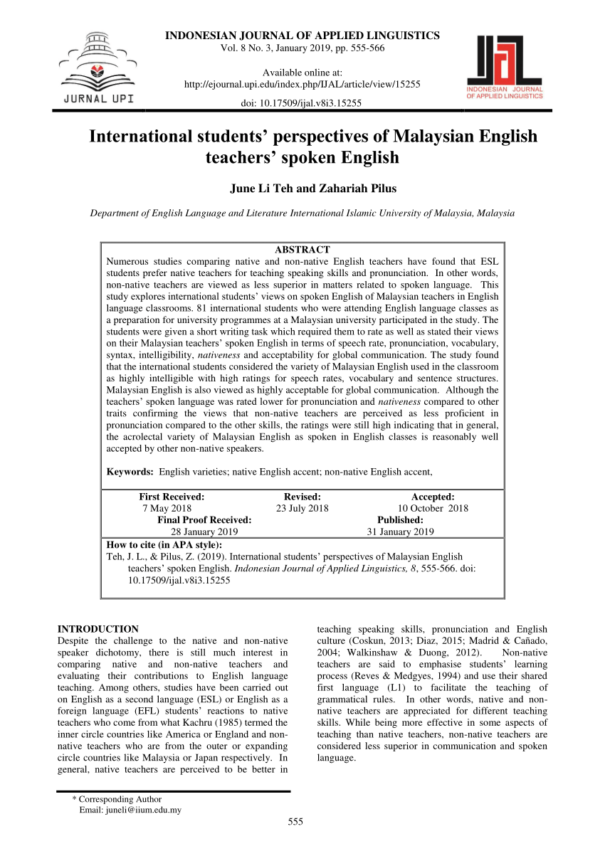 Pdf International Students Perspectives Of Malaysian English Teachers Spoken English