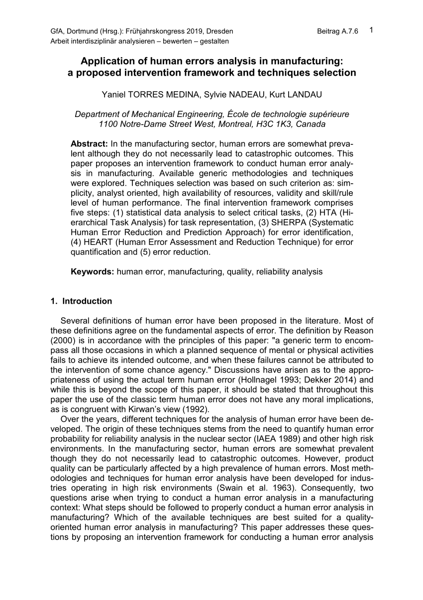 Pdf Application Of Human Errors Analysis In Manufacturing A Proposed Intervention Framework And Techniques Selection