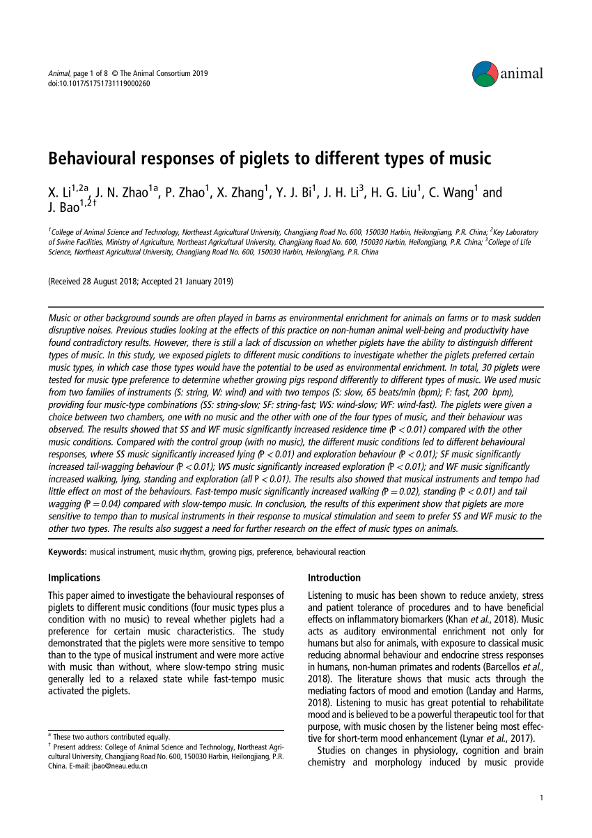 Pdf Behavioural Responses Of Piglets To Different Types Of Music