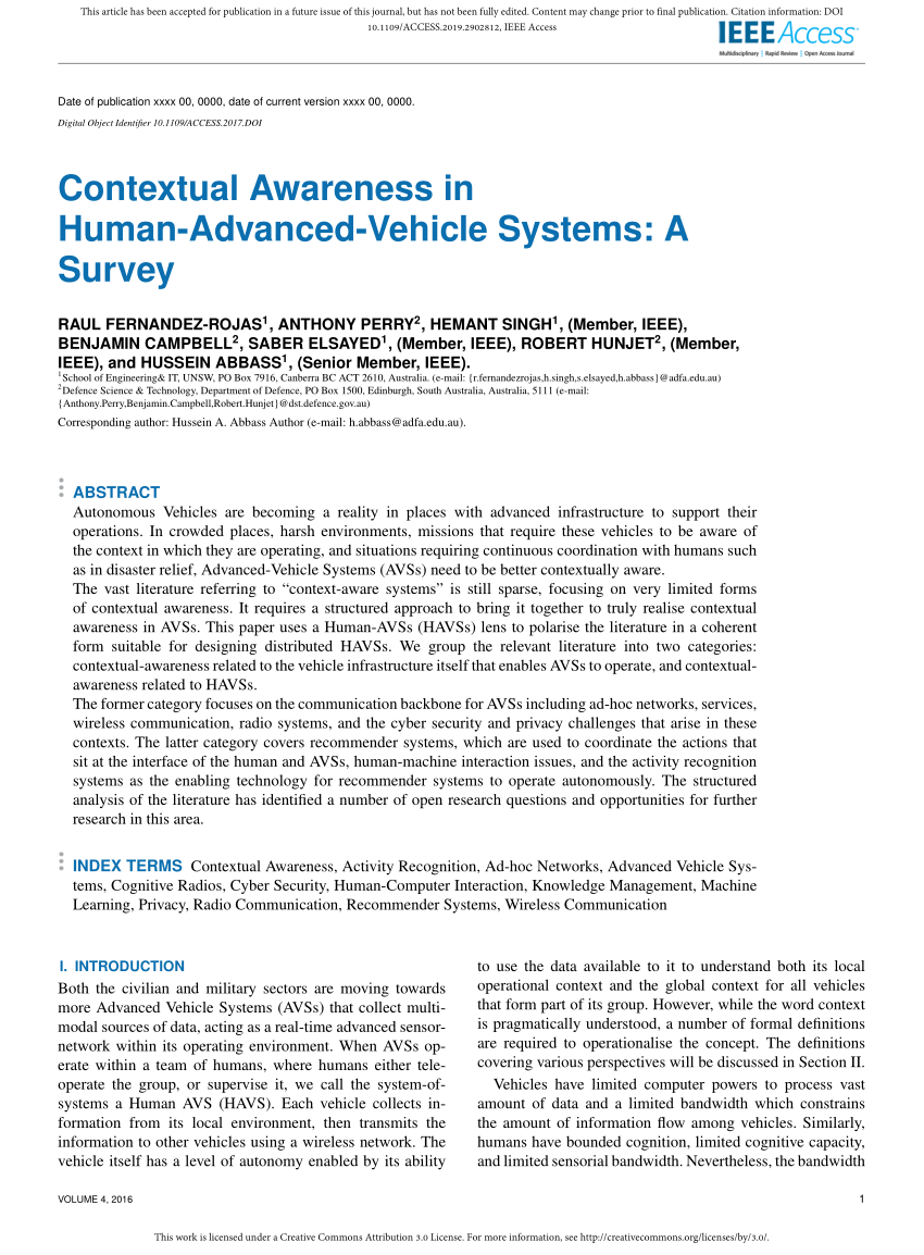 Pdf Contextual Awareness In Human Advanced Vehicle Systems A Survey