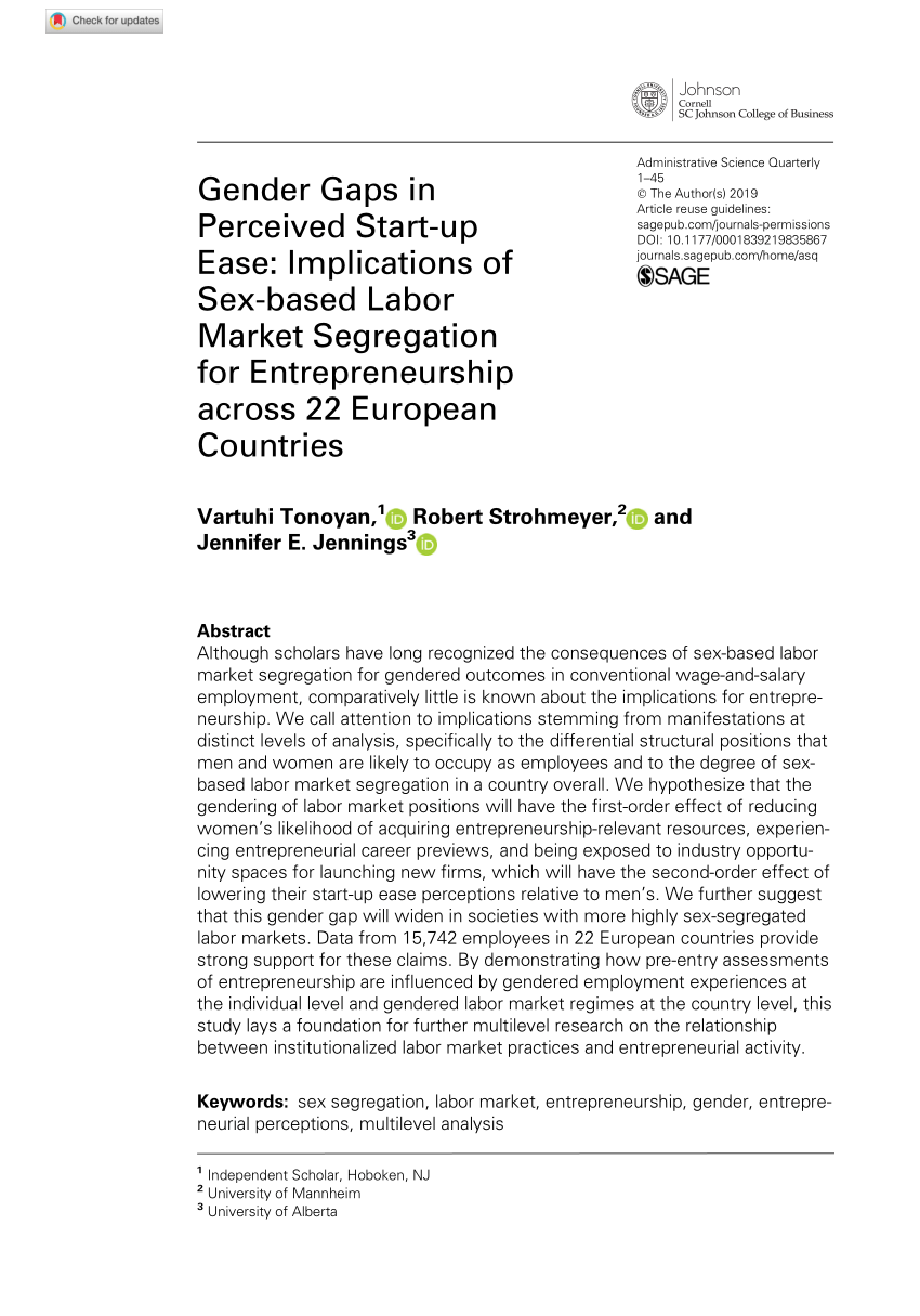 PDF) Gender Gaps in Perceived Start-up Ease: Implications of Sex-based  Labor Market Segregation for Entrepreneurship across 22 European Countries