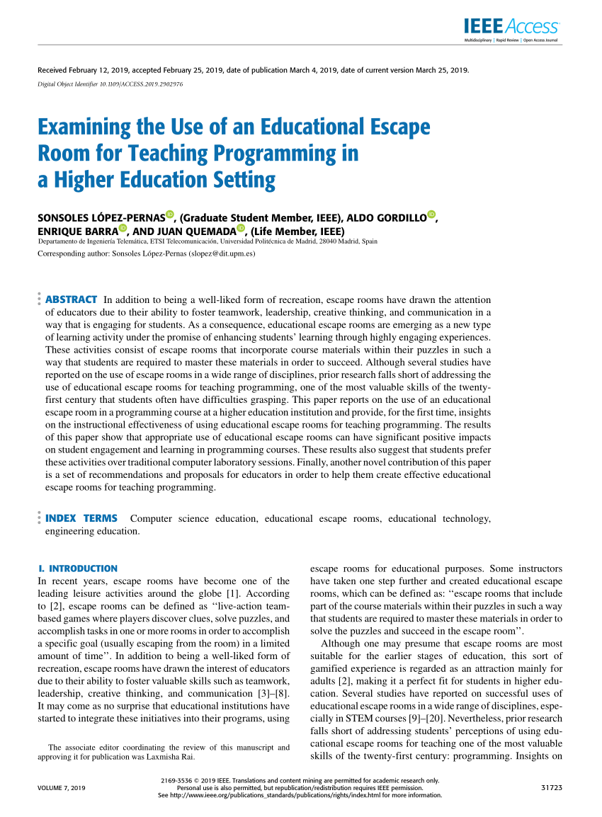 Pdf Examining The Use Of An Educational Escape Room For Teaching Programming In A Higher Education Setting
