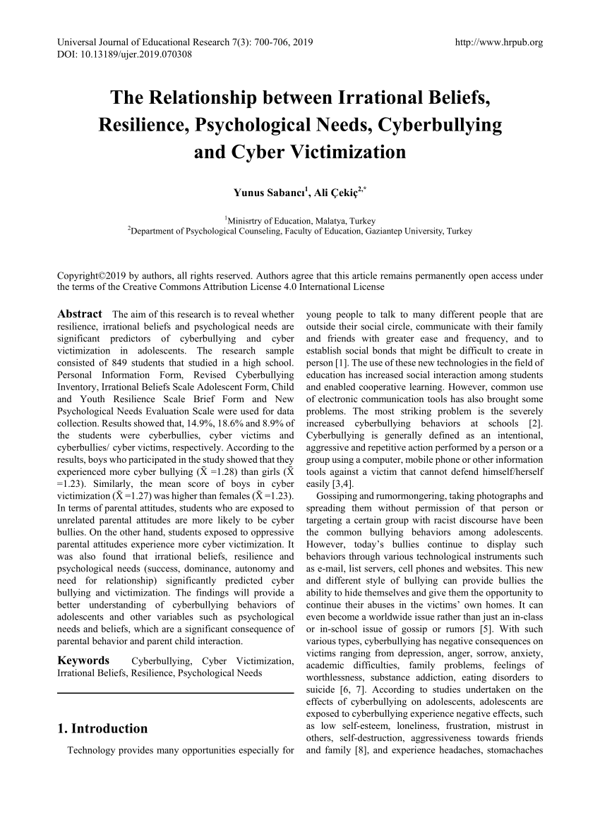 pdf the relationship between irrational beliefs resilience psychological needs cyberbullying and cyber victimization