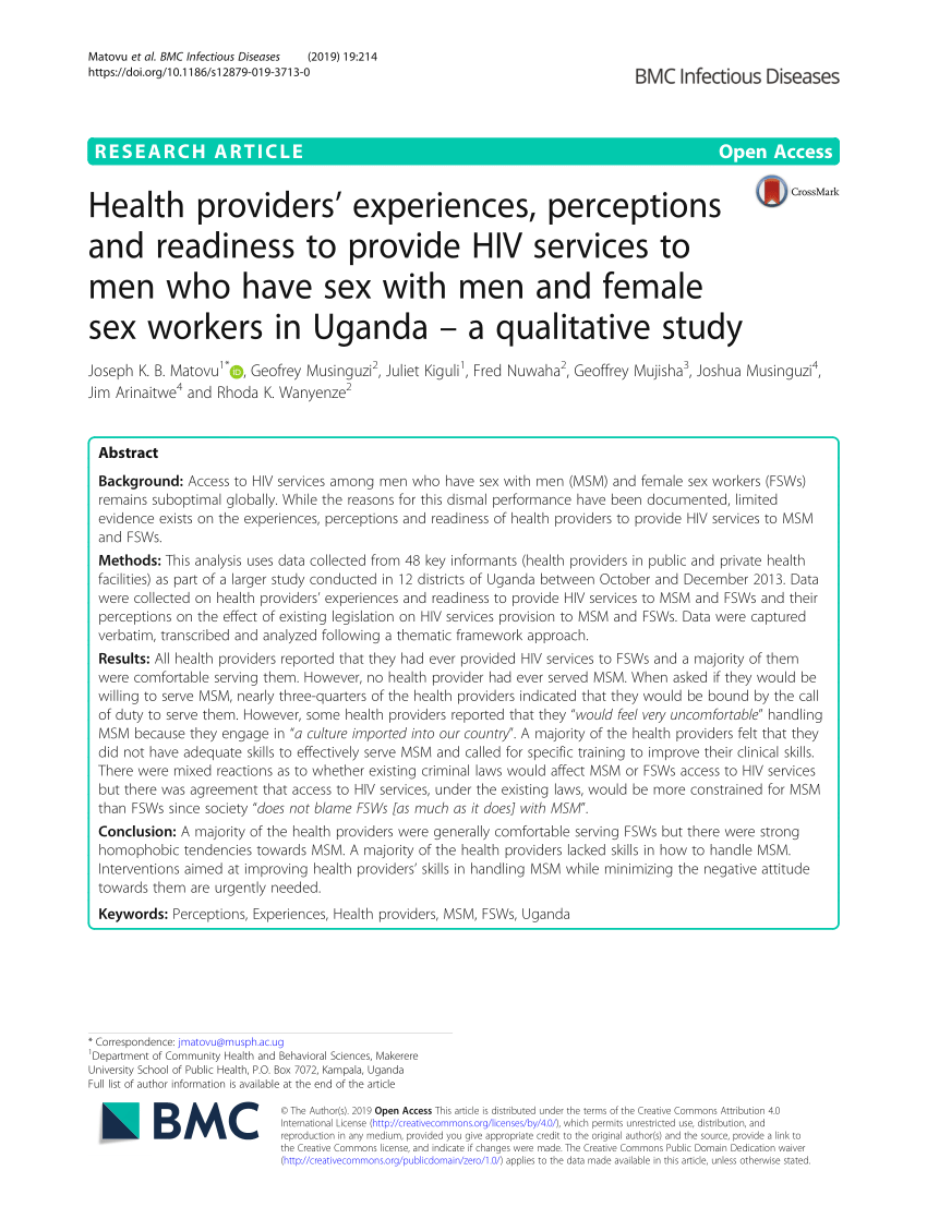 PDF) Health providers experiences, perceptions and readiness to provide HIV services to men who have sex with men and female sex workers in Uganda 