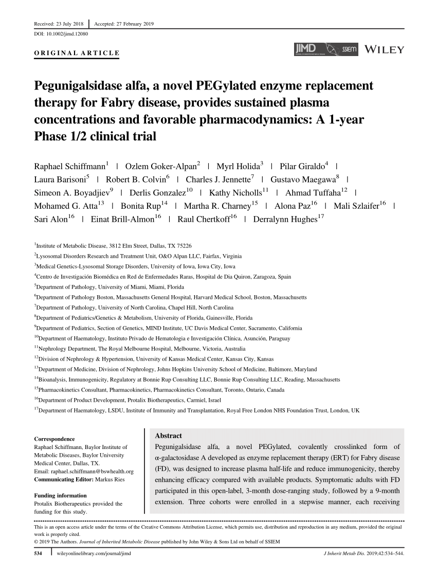 Pdf Pegunigalsidase Alfa A Novel Pegylated Enzyme Replacement Therapy For Fabry Disease Provides Sustained Plasma Concentrations And Favorable Pharmacodynamics A 1 Year Phase 1 2 Clinical Trial