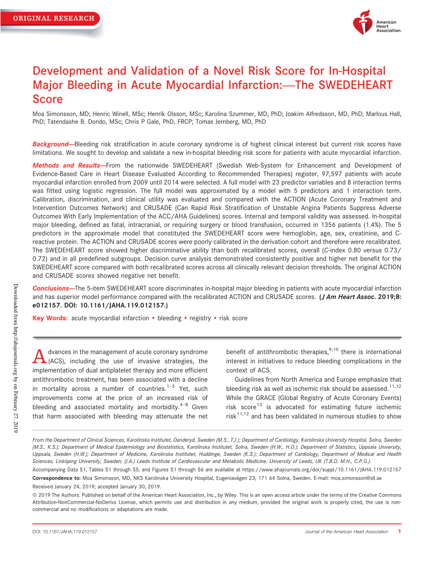 Pdf Development And Validation Of A Novel Risk Score For In Hospital Major Bleeding In Acute Myocardial Infarction The Swedeheart Score