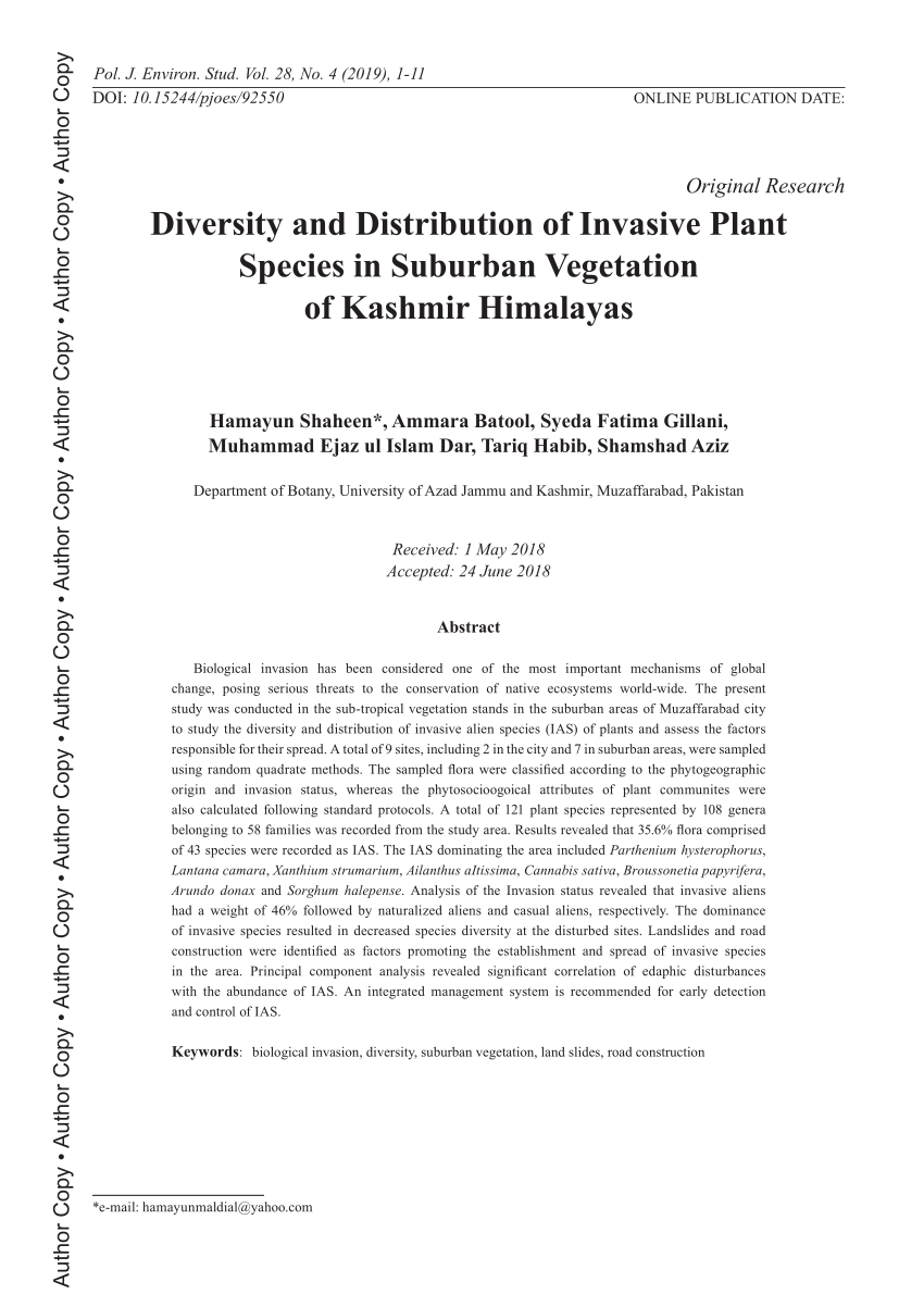 Pdf Diversity And Distribution Of Invasive Plant Species In Suburban Vegetation Of Kashmir Himalayas