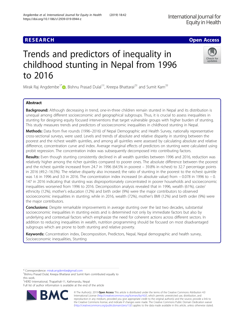 Pdf Trends And Predictors Of Inequality In Childhood Stunting In Nepal From 1996 To 2016