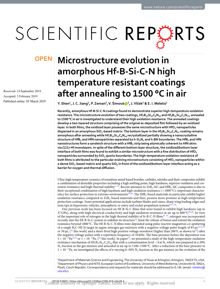 Pdf Microstructure Evolution In Amorphous Hf B Si C N High Temperature Resistant Coatings After Annealing To 1500 C In Air