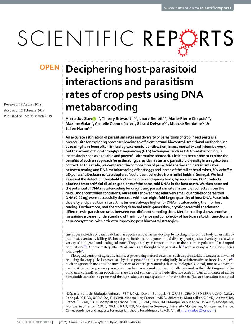 Pdf Deciphering Host Parasitoid Interactions And Parasitism Rates Of Crop Pests Using Dna Metabarcoding