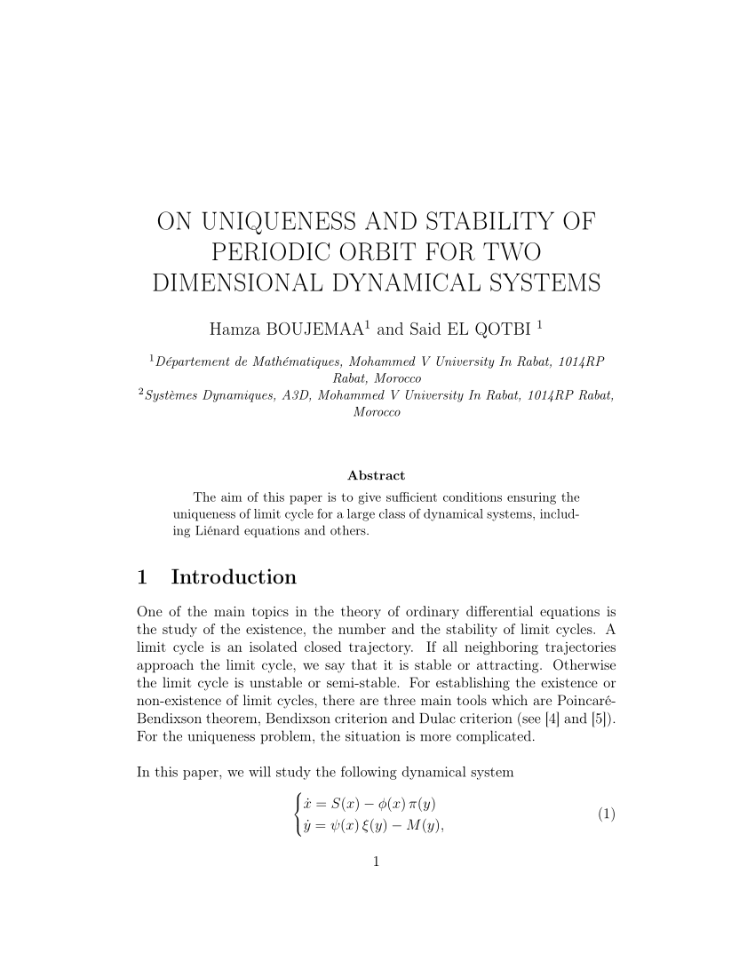 Pdf On Uniqueness And Stability Of Periodic Orbit For Two Dimensional Dynamical Systems