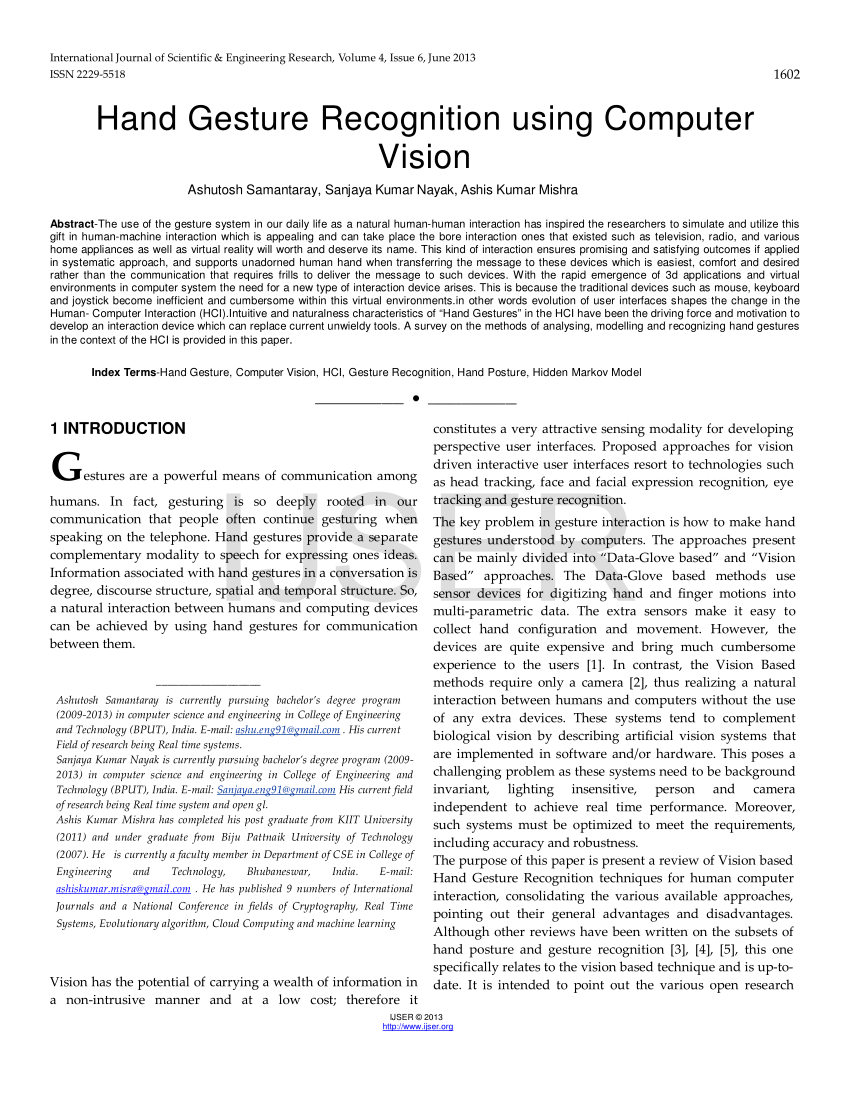 (PDF) Hand Gesture Recognition using Computer Vision