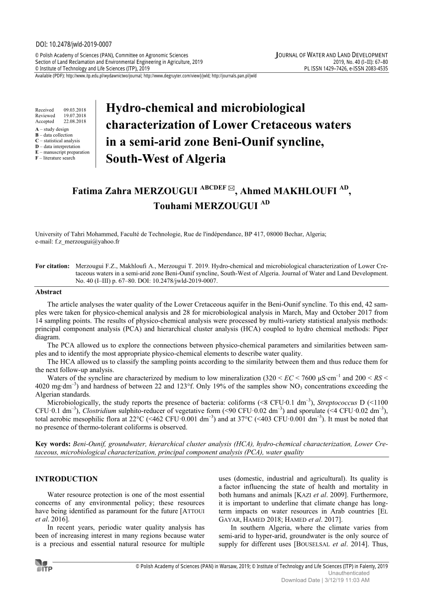 Pdf J Ournal Of Water And Land Development Hydro Chemical And Microbiological Characterization Of Lower Cretaceous Waters In A Semi Arid Zone Beni Ounif Syncline South West Of Algeria